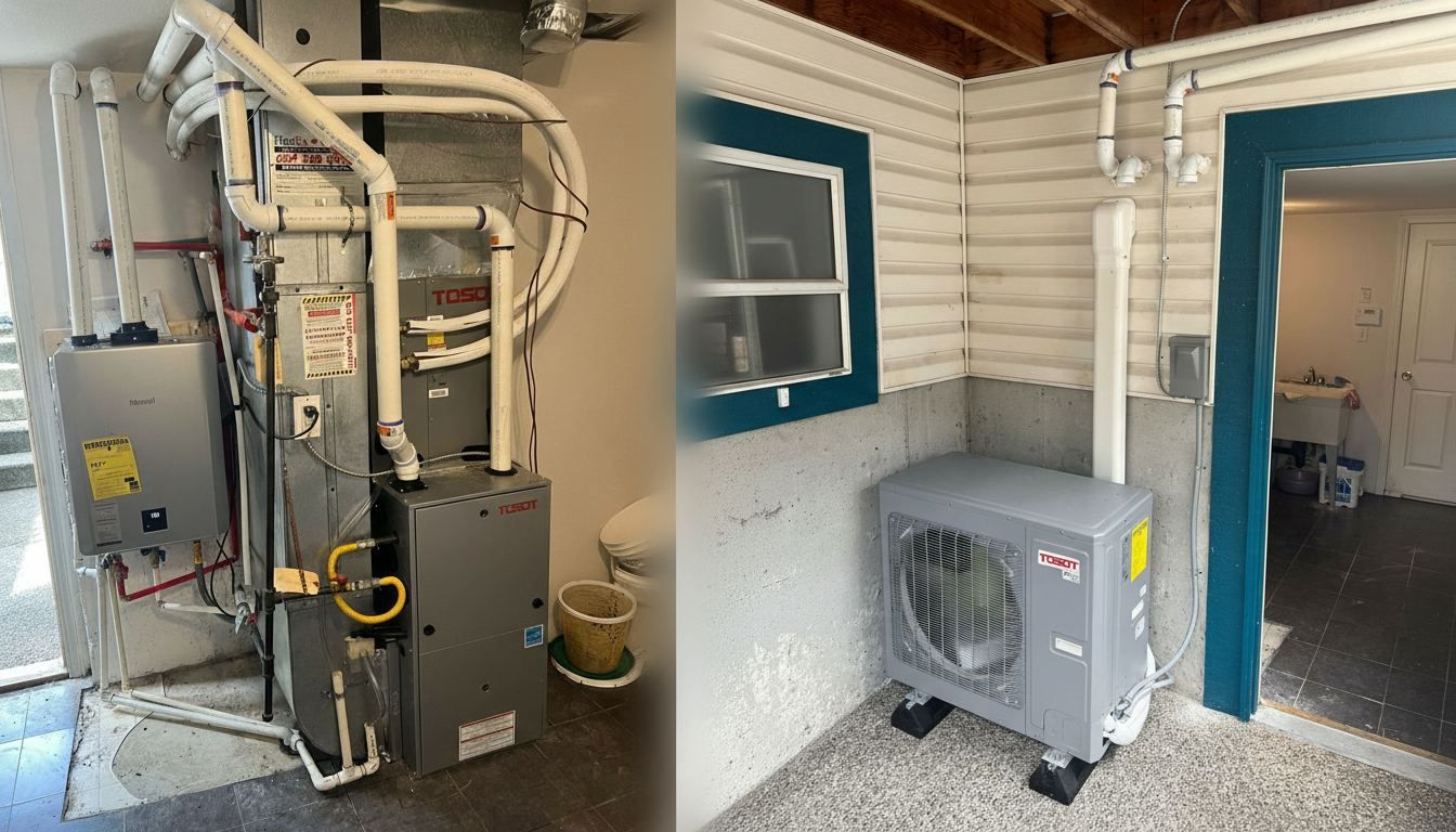 Dual fuel heat pump system with outdoor condenser and gas furnace installed at a Metro Vancouver home — 360 Install Solution