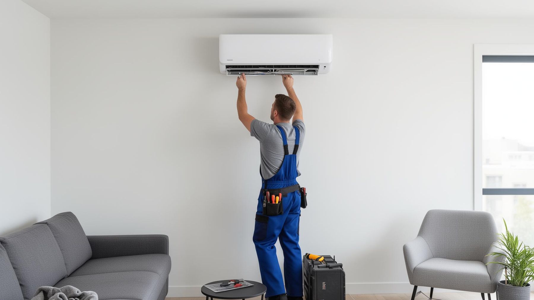 Technician installing a ductless mini-split indoor head unit in a Metro Vancouver home — 360 Install Solution