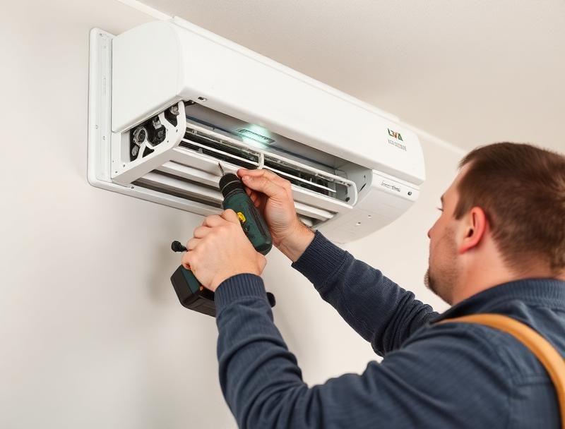 Technician mounting ductless mini-split indoor unit bracket and drilling wall penetration